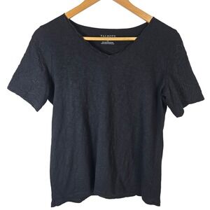 Talbots Petite Black V Neck Embroidered Sleeve T Shirt Top Size SP